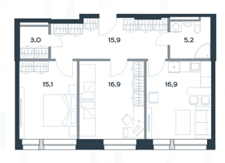 Двухкомнатная квартира 72.9 м²