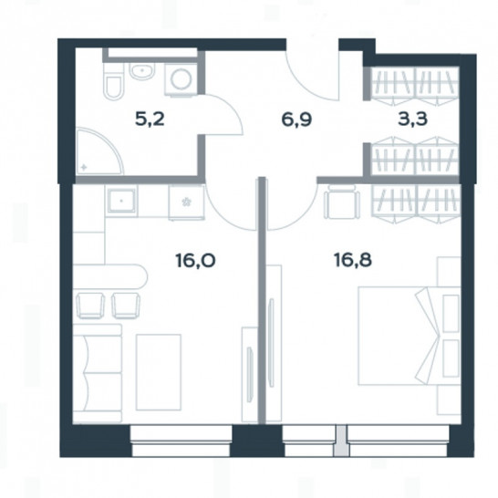 Однокомнатная квартира 48.2 м²