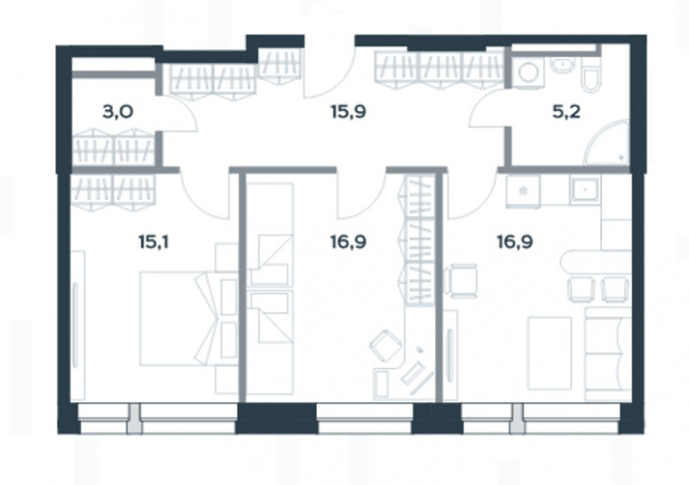 Двухкомнатная квартира 72.9 м²