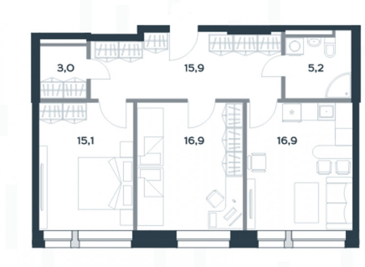 Двухкомнатная квартира 73 м²