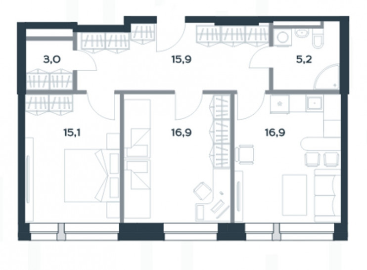 Двухкомнатная квартира 73 м²